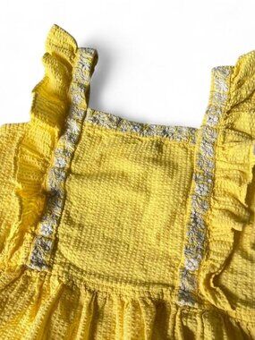 Globaldesi Yellow babydoll top with white embroidery and ruffles